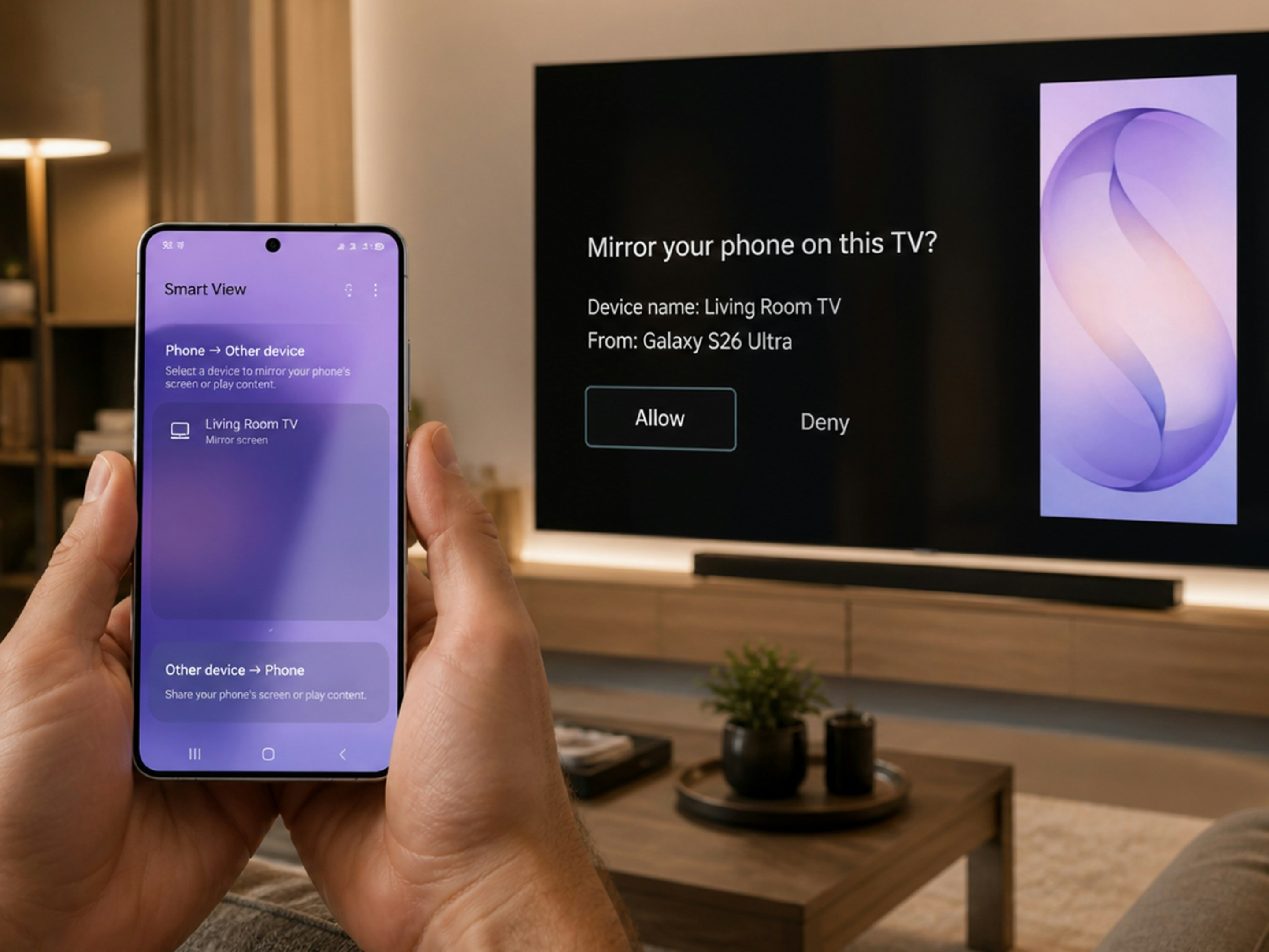 A realistic living room scene showing someone holding a Galaxy S26 Ultra while trying to mirror the phone screen to a large TV. The phone displays the Smart View screen, while the TV shows a mirroring permission prompt. The image fits a troubleshooting article about fixing Galaxy S26 Ultra screen mirroring problems.